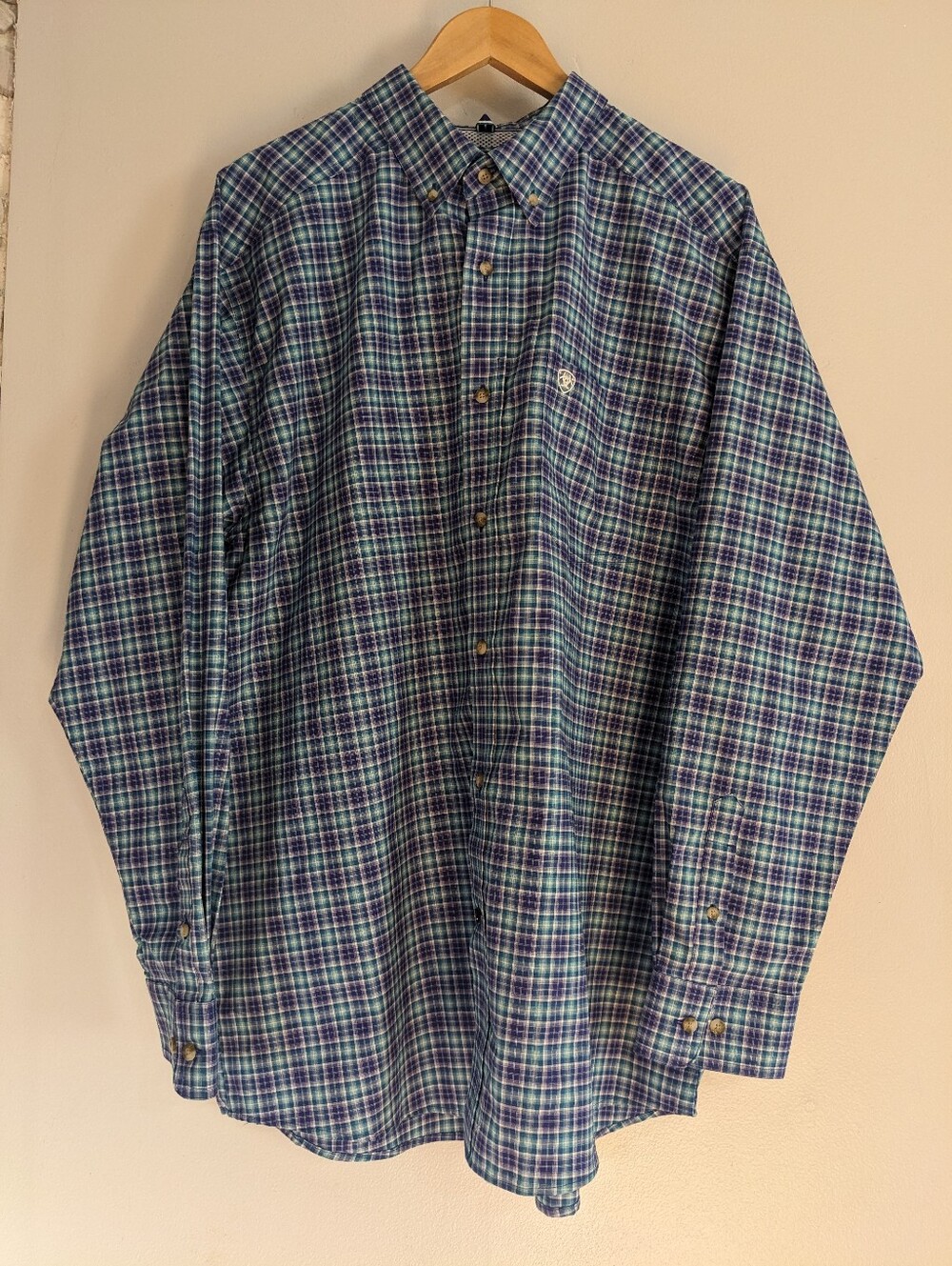 Ariat Pro Shirt Button Down Mens XL Plaid Blue Purple Long Sleeve Cotton Blend